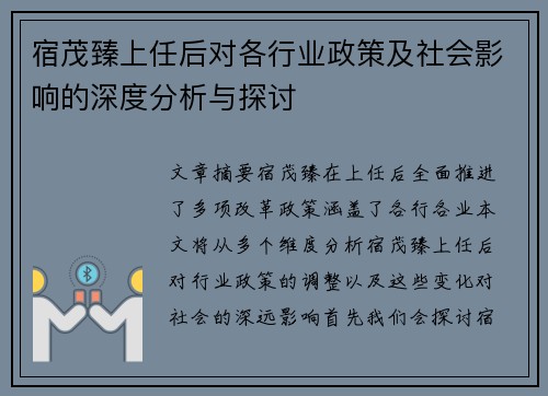 宿茂臻上任后对各行业政策及社会影响的深度分析与探讨