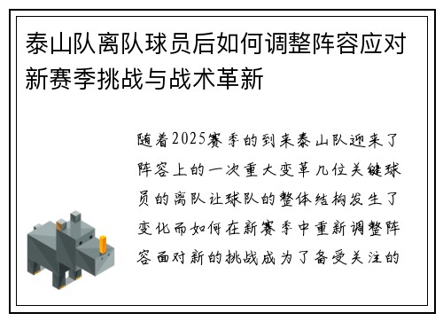 泰山队离队球员后如何调整阵容应对新赛季挑战与战术革新