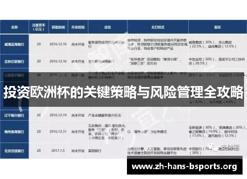 投资欧洲杯的关键策略与风险管理全攻略 投资欧洲杯的关键策略与风险管理全攻略